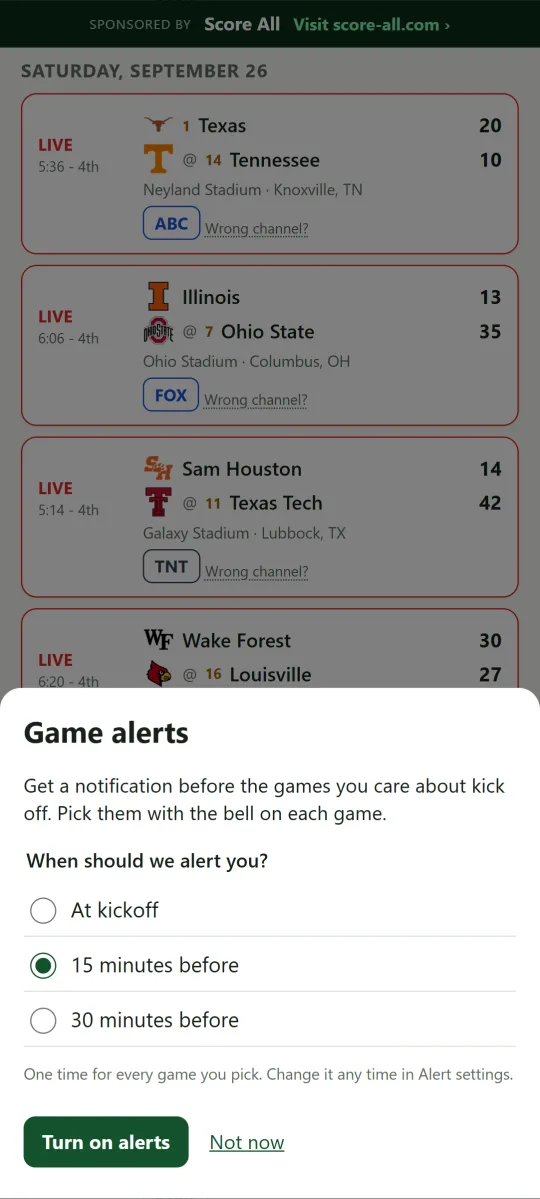 Game alerts: choose at kickoff, 15 or 30 minutes before