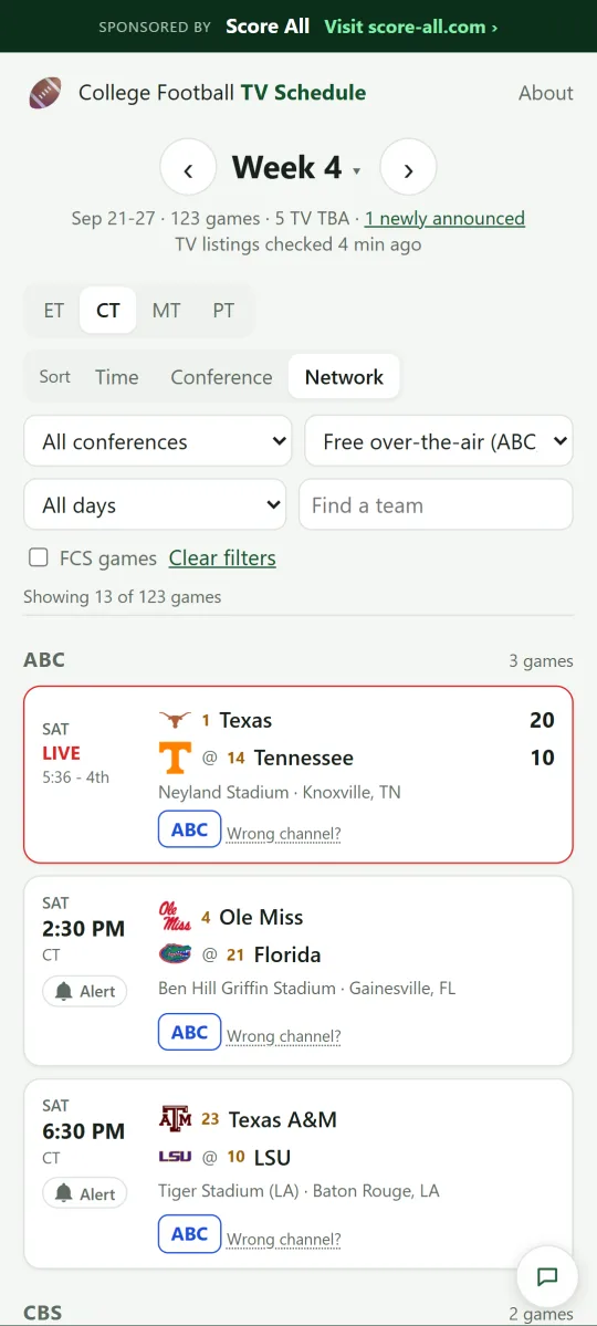Games grouped by network, free over-the-air channels only
