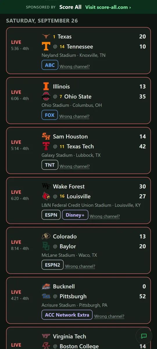 The schedule in dark mode