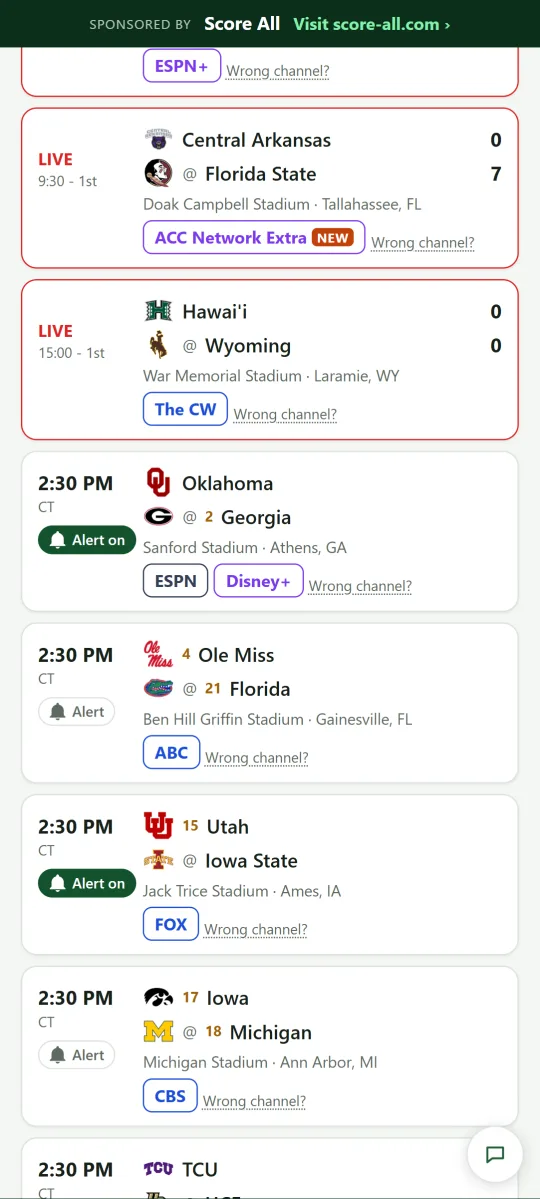 The app showing this week's games with live scores, each with its TV channel