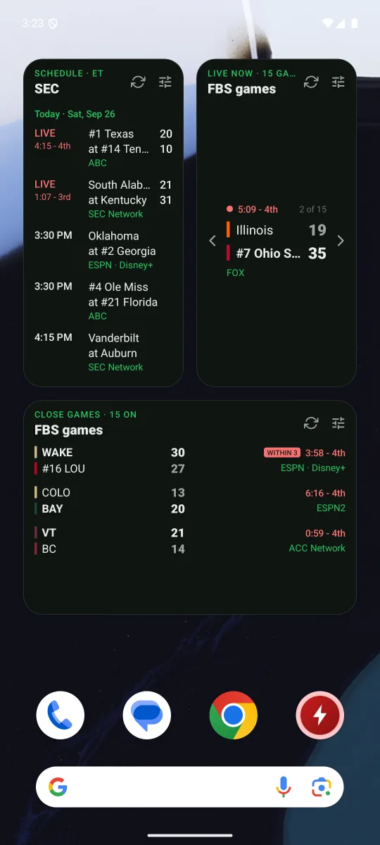 A home screen with the schedule, live games and close games widgets