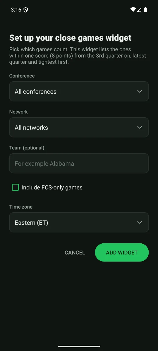 Choosing a widget's filters